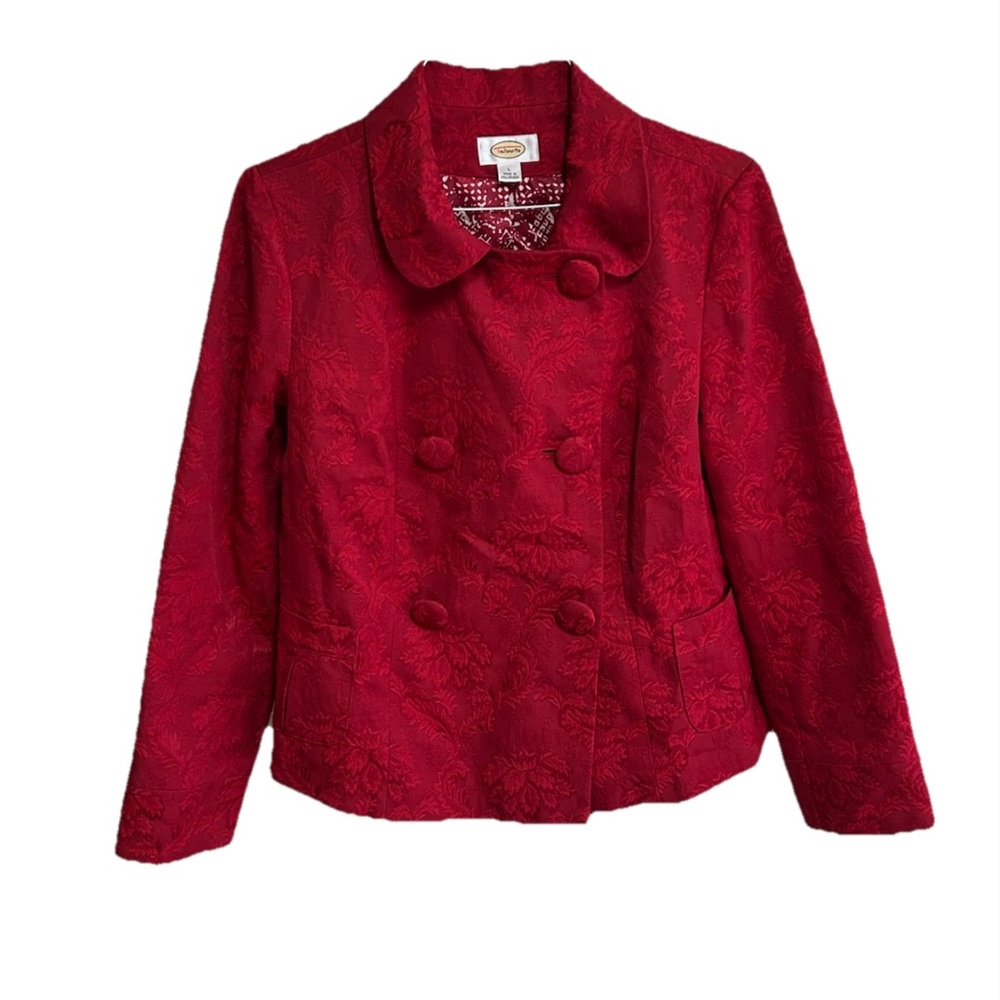Talbots Womens Blazer Jacket Size Large Red Double Breasted Jacquard Victorian
